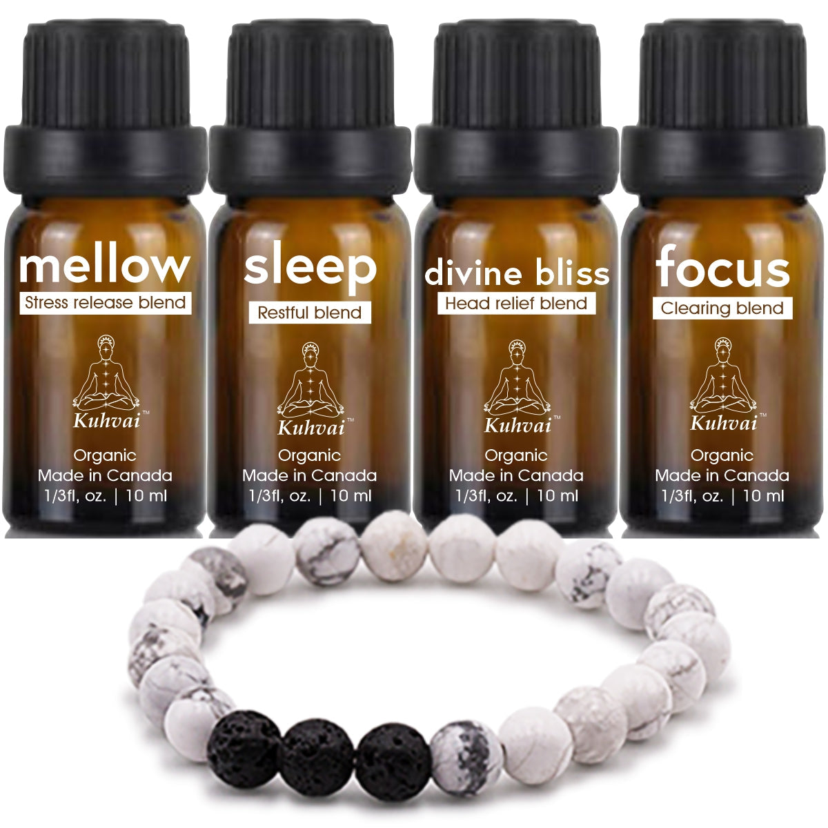 Kuhvai Set of 4 with Bracelet - Mellow, Sleep, Divine Bliss & Focus